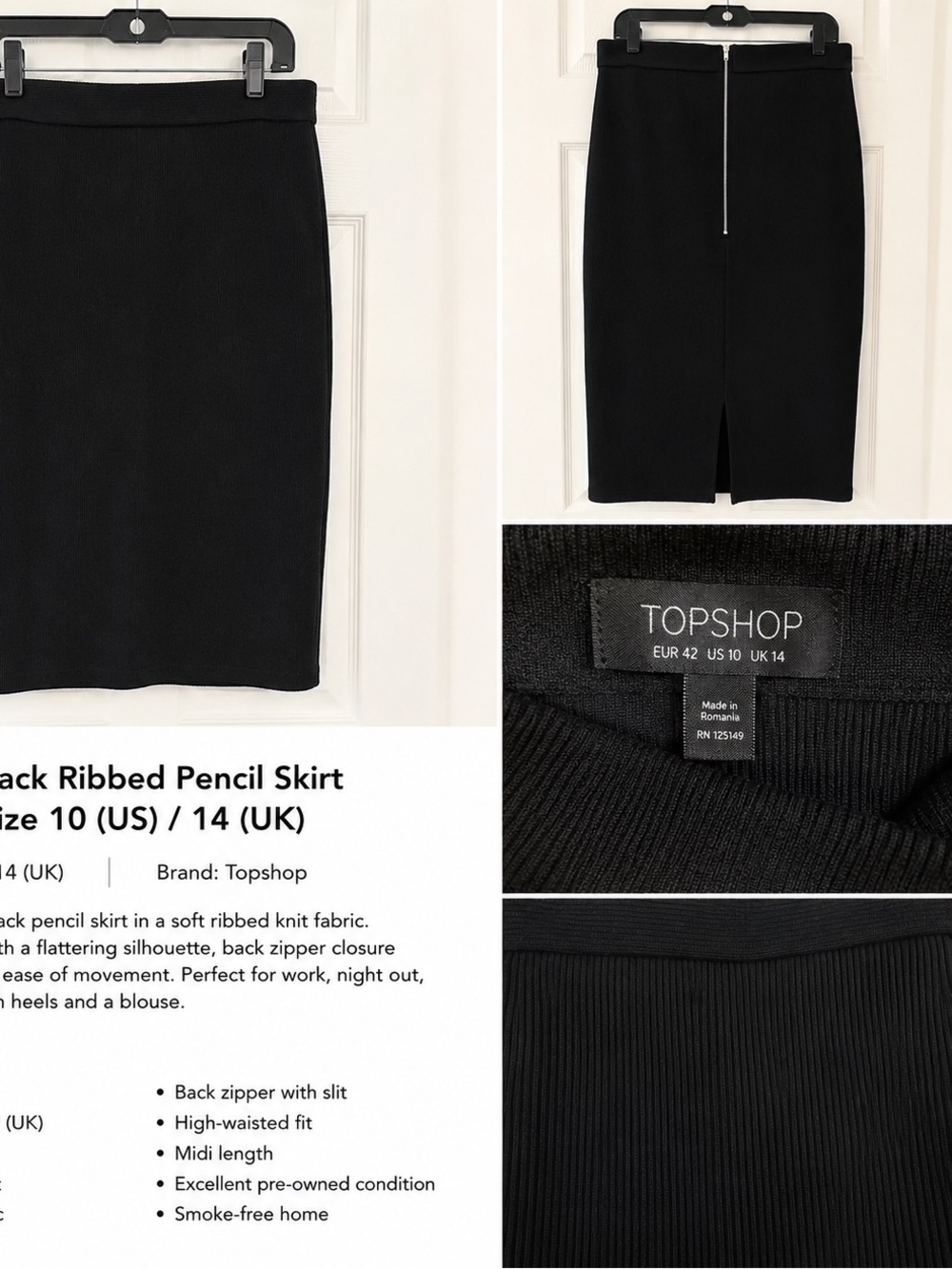 Topshop Black Ribbed Midi Pencil Skirt with Back‎ Zipper